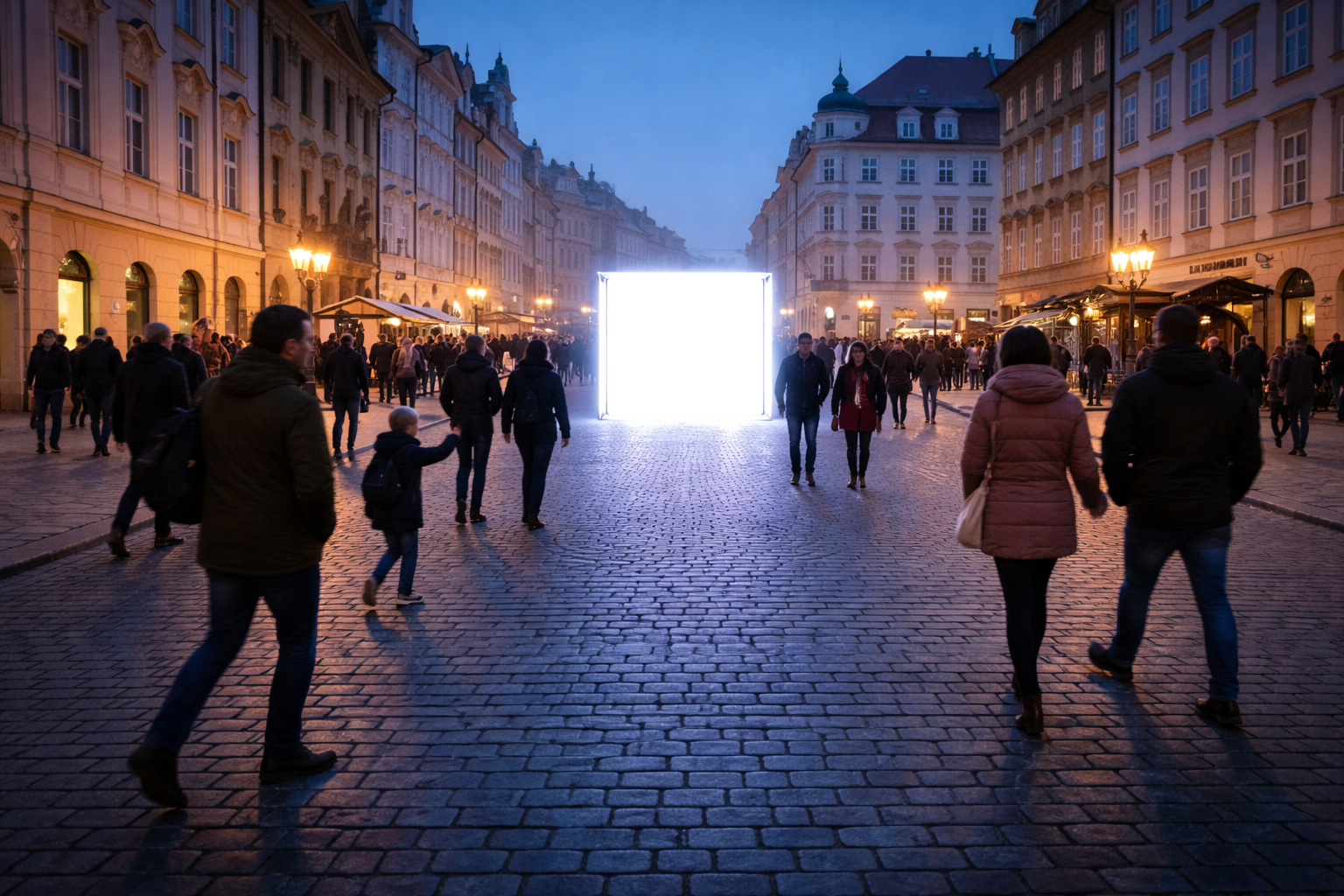 European cobblestone street at twilight with a glowing portal installation